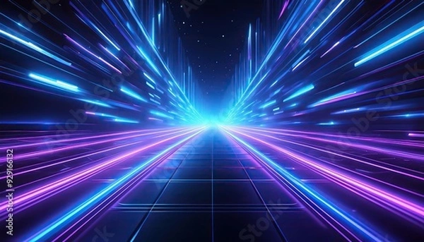 Fototapeta abstract blue background, 3d Render, Blue purple light line through dark background, hyper speed warp in space, Blue purple light line through dark background