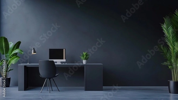 Fototapeta Dark Minimalist Workspace: A sleek black desk and chair sit poised for productivity against a dark grey wall, accented by lush green plants, embodying modern minimalism and focus. 