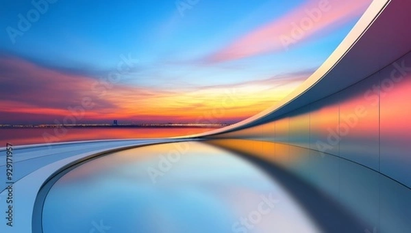 Fototapeta Sleek curved glass building with reflective surfaces under blue sky at sunset