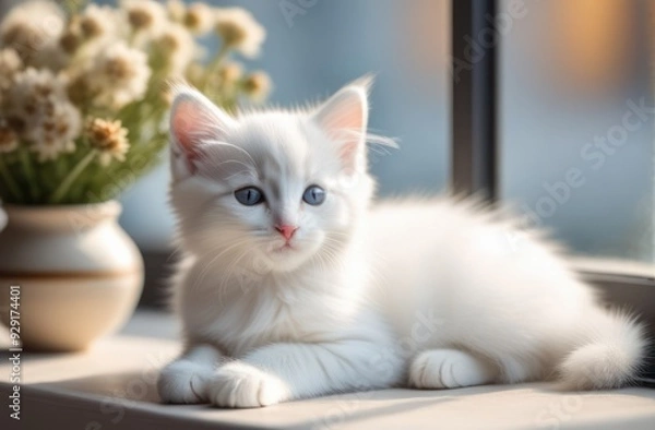 Fototapeta An adorable white kitten with striking blue eyes lounging on a windowsill.