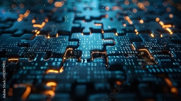Fototapeta A close up of a puzzle with a circuit board in the background, Technology and connection 4k wallpaper, cybersecurity,