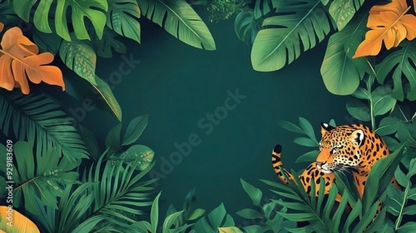 Fototapeta Jungle Majesty: A majestic jaguar peeks out from lush, vibrant foliage, creating a captivating frame for your design. 