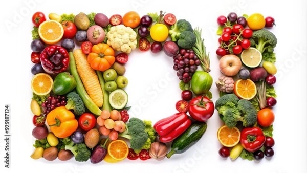 Fototapeta Vibrant and colorful alphabet letters constructed from an assortment of fresh fruits, vegetables, and nuts, arranged artfully against a white background.