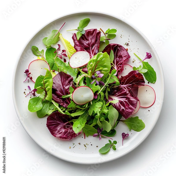 Obraz Elegant vegetarian salad with green and purple mesclun mix, herbs, thin slices of radish, on a round ceramic plate. Light summer meal. Diet, healthy eating. White background. Top view.