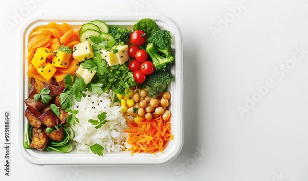 Obraz Buffet meal / school lunch in a plastic container. Tasty simple meal with rice and a variety of fresh vegetables. White background with copy space. Top view, from above.