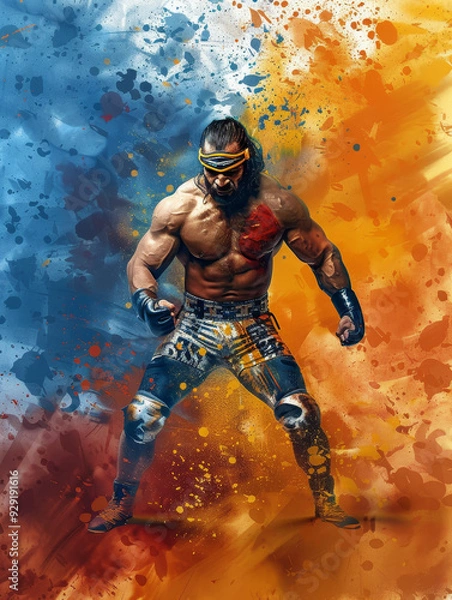 Fototapeta A muscular man in fighting stance, showcasing strength and determination.  The abstract background emphasizes his focus and the intensity of the fight.