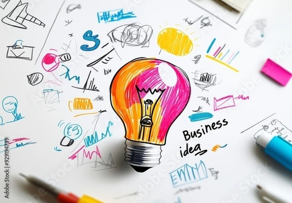 Fototapeta Creative business idea represented by a vibrant light bulb sketch surrounded by various drawings and colorful brainstorm concepts.