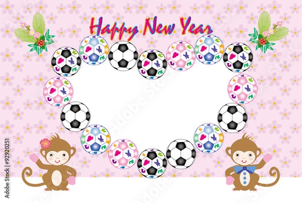 Fototapeta 可愛いサルとサッカーボールのピンクのフォトフレーム