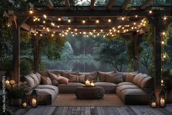 Fototapeta Boho glam outdoor lounge with plush seating and string lights.