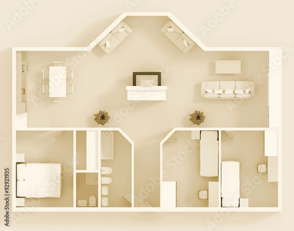 Obraz 3d interior rendering of furnished house sepia coloured