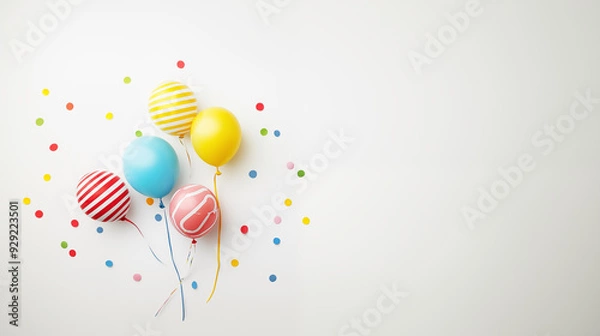Fototapeta Party Decor Background with Balloons, Confetti, and party hats on white background with extra space for words
