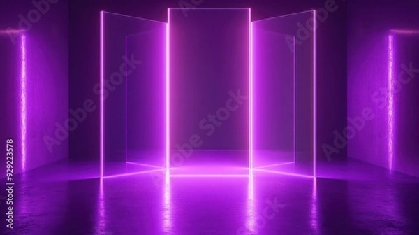 Fototapeta A futuristic space with glowing purple lights and transparent panels.