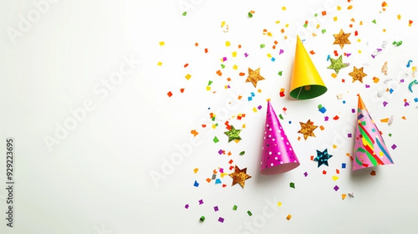 Fototapeta Party Decor Background with Balloons, Confetti, and party hats on white background with extra space for words