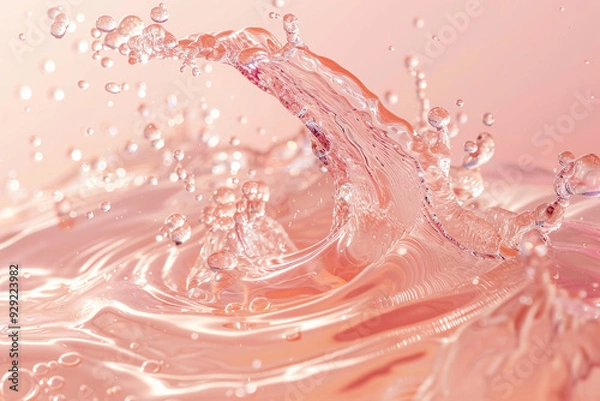 Fototapeta Champagne wine splash exploding in liquid, closeup on pastel pink background, champagne motion splash.