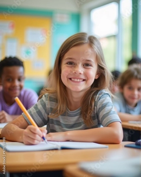 Fototapeta A smiling young girl in a denim jacket writes in her notebook during class, capturing the joy of learning in a bright, welcoming classroom.