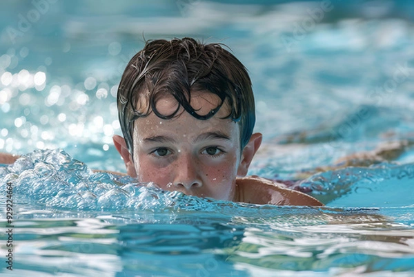 Fototapeta Happy an 8 year old boy is riding in the water Park or swimming pool on inflatable circles on water slides with splash. Summer vacation. Happy childhood. Joyful waterpark leisure.