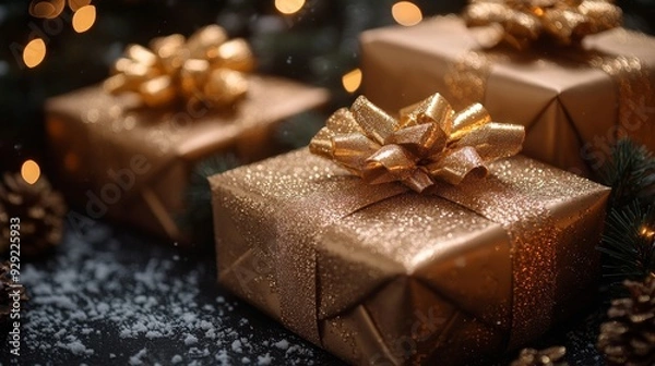 Fototapeta Christmas gifts wrapped in gold wrapping paper lying under christmas tree with lights