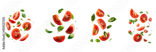 Fototapeta Tomato with half slices falling or floating in the air with green leaves Isolated on a transparent background