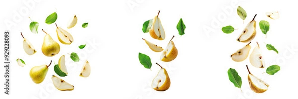 Fototapeta Pear with half slices falling or floating in the air with green leaves Isolated on a transparent background