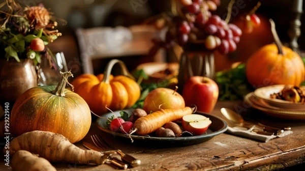 Fototapeta Rustic table setting with early autumn ingredients like squash, apples, and root vegetables. Warm-toned dishes create a cozy atmosphere, perfect for transitioning from summer to fall feasts.