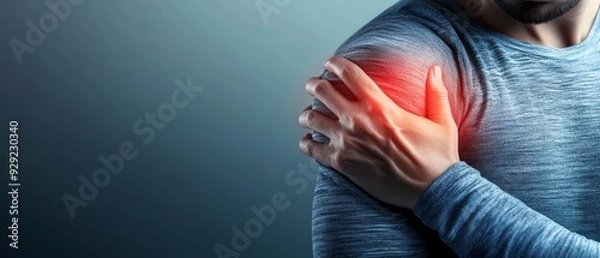 Fototapeta A detailed illustration of a hand gripping a shoulder, with intense red highlights around the joint, emphasizing the acute pain against a desaturated background, shoulder pain, acute discomfort