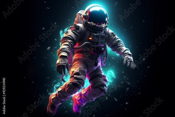 Obraz A futuristic astronaut floating in space with glowing effects.