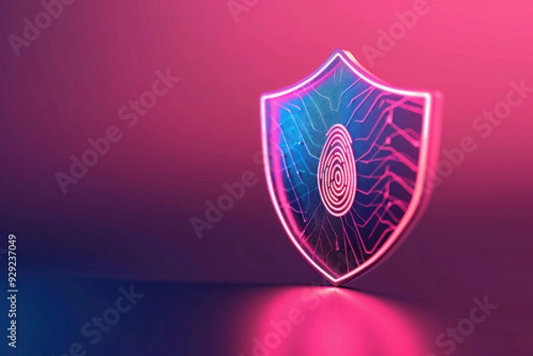 Fototapeta A glowing shield symbol with a fingerprint design, representing digital security and protection in technology.