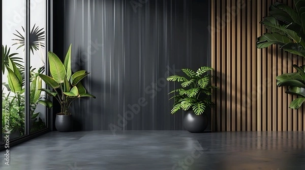 Fototapeta Black interior with wood wall panel and plants 3D rendering interior design Generative AI