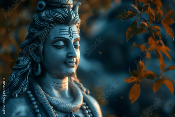 Fototapeta Lord Shiva Statue in Calm Natural Surroundings with Detailed Sculptural Features, Perfect for Spiritual Art, Hindu Deity Representation, Meditation Decor, and Religious Photography Campaigns