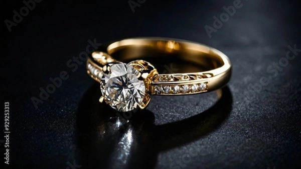Obraz Elegant gold engagement ring with a sparkling diamond displayed on a dark surface