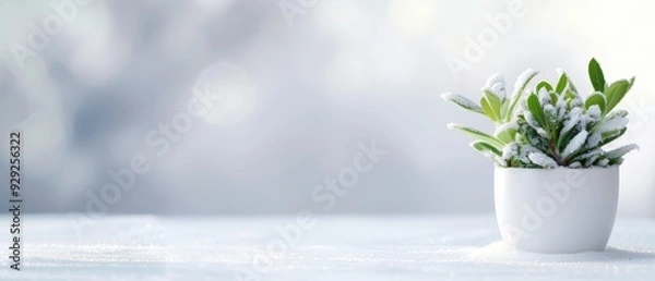 Fototapeta  A plant in a pot, closely framed, sits atop a table against a snow-covered backdrop Background softly blurred