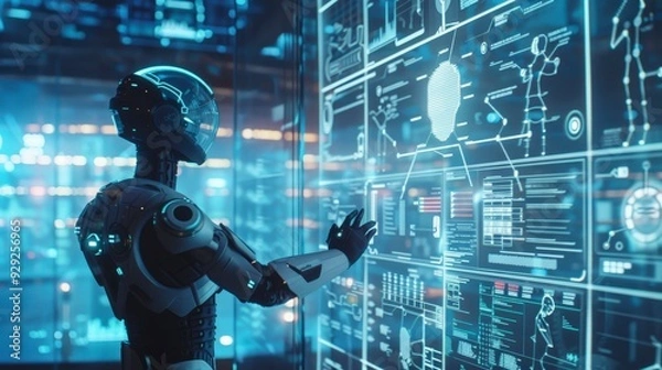 Fototapeta A futuristic robot interacting with a digital interface in a high-tech environment.