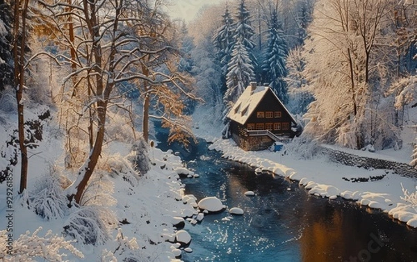 Fototapeta Cozy wooden cabin nestled in snow-covered mountains, capturing the essence of a peaceful winter retreat. Perfect for holiday and winter-themed content.