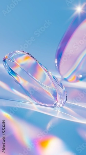 Fototapeta Varicolored glass objects with rainbow reflections on blue background