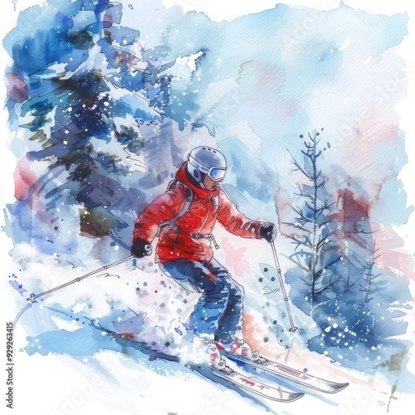 Obraz Winter Mountain Adventure: Hand-Painted Skiing Fun in Snowy Resort