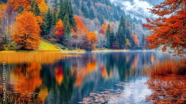 Obraz Tranquil autumn landscape with misty mountains reflected in a still lake. Perfect for nature and seasonal imagery.