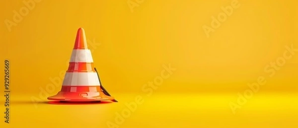 Fototapeta  A traffic cone in orange and white rests atop a yellow table Nearby, a white and black object is situated against a yellow backdrop
