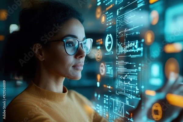Fototapeta Experienced Digital Marketing Adviser Creating Brand Awareness Campaign in Futuristic Digital Agency Setting