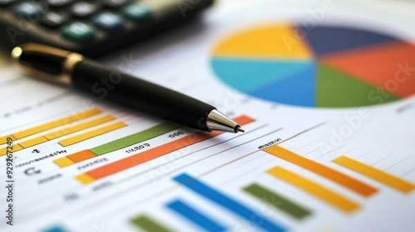 Obraz Detailed Financial Report with Colorful Graphs, Orange Pen, and a Calculator on a Desk for Business Analysis