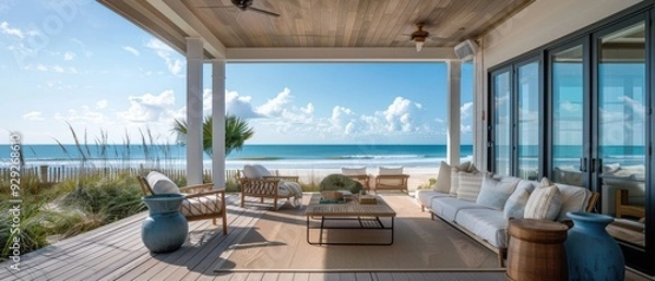 Fototapeta Luxury beach terrace with ocean view, comfortable outdoor furniture. Free copy space for text.