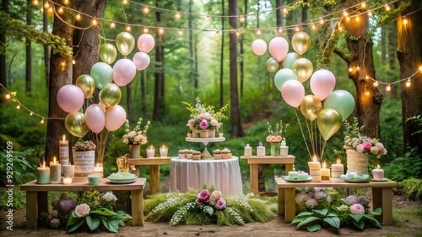 Fototapeta Whimsical fairy-themed party setup with pastel balloons, flower crowns, and a decadent dessert table amidst a lush green forest with twinkling string lights.