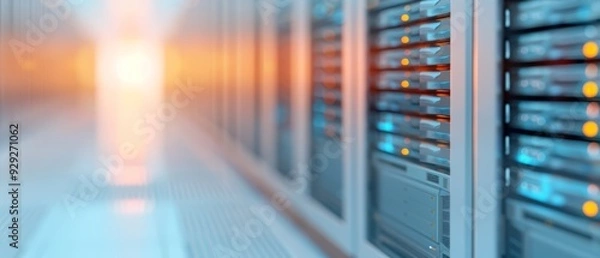 Fototapeta  Servers in data center arranged in rows Bright light at end of a server row