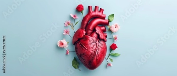 Obraz  A red human heart encircled by flowers against a blue backdrop, featuring pink and white blossoms on either side