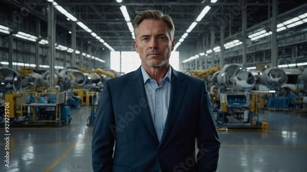 Fototapeta Business Executive in a Modern Airplane Manufacturing Facility with Advanced Machinery and Industrial Background. AI generated