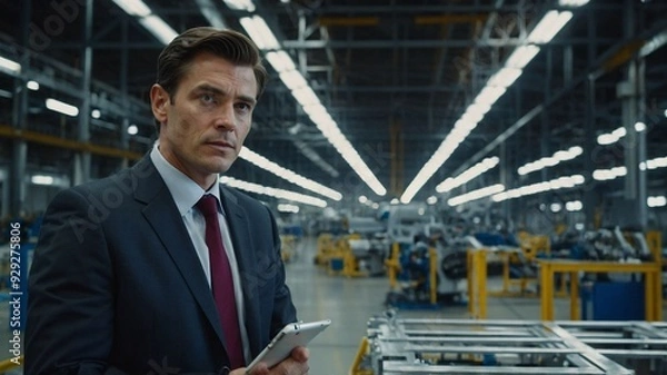 Fototapeta Business Executive in a Modern Airplane Manufacturing Facility with Advanced Machinery and Industrial Background. AI generated