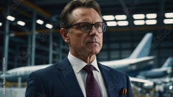 Fototapeta Business Executive in a Modern Airplane Manufacturing Facility with Advanced Machinery and Industrial Background. AI generated