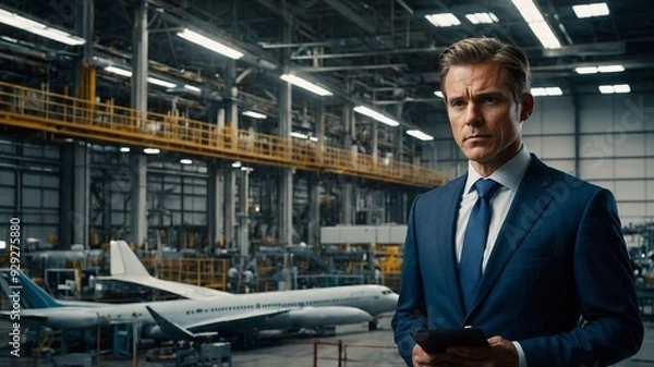 Fototapeta Business Executive in a Modern Airplane Manufacturing Facility with Advanced Machinery and Industrial Background. AI generated
