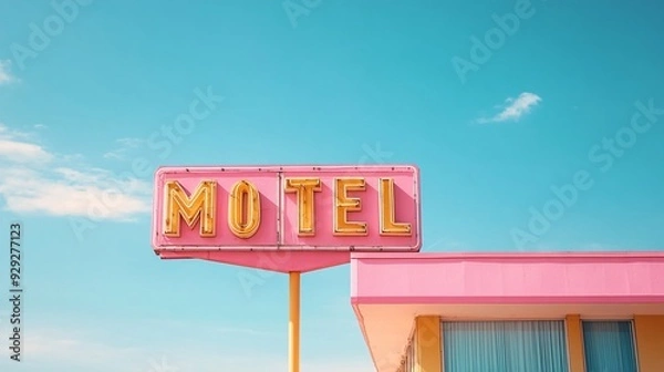 Fototapeta Retro Motel Aesthetic: Colorful Geometric Sign Against Clear Sky with Copy Space.