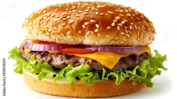 Fototapeta A savory cheeseburger with juicy beef, melted cheese, and crisp veggies, stacked high for a tasty, satisfying meal.

