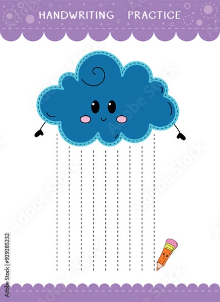 Obraz Simple educational game for kids. Vector handwriting practice sheet with cute rain cloud